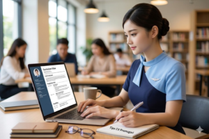 Kandidat pramugari sedang menyusun CV di laptop dengan tampilan rapi