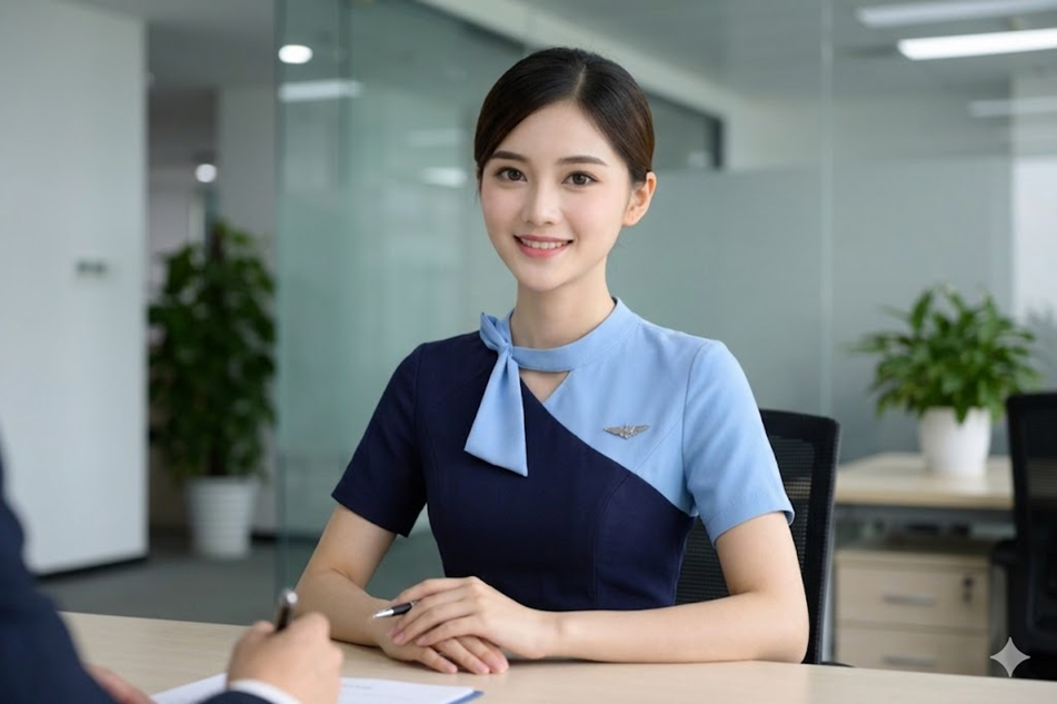 Kandidat pramugari sedang interview dengan ekspresi percaya diri