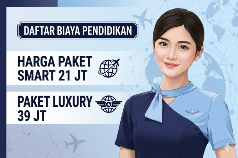 Ilustrasi daftar biaya atau brosur sekolah pramugari