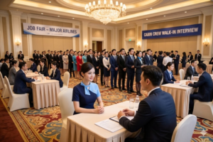 suasana walk-in interview di hotel atau ballroom.