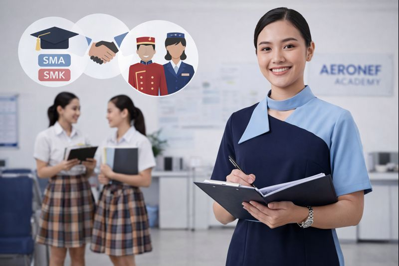 pramugari sedang menunjukkan Apakah Lulusan SMK Bisa Masuk Sekolah Pramugari? Cek Ketentuannya!