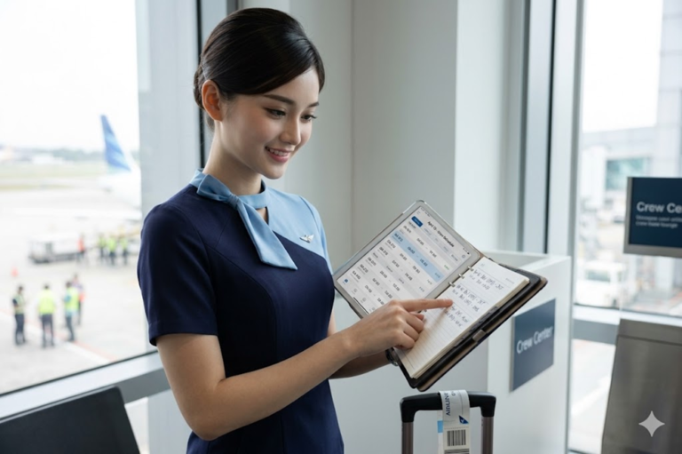 Pramugari sedang melihat jadwal kerja di tablet atau planner