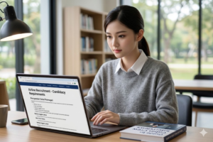 Foto calon pramugari sedang membaca persyaratan di laptop