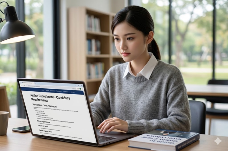 Foto calon pramugari sedang membaca persyaratan di laptop