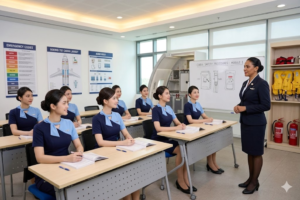 Foto siswa pramugari sedang pelatihan di kelas
