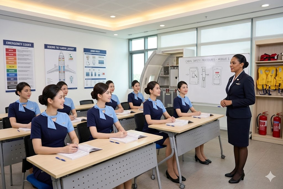 Foto siswa pramugari sedang pelatihan di kelas