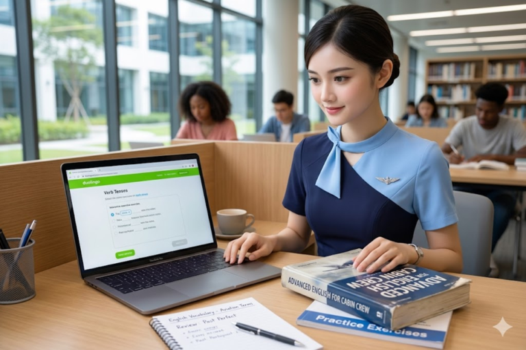 Ilustrasi siswa sedang belajar bahasa Inggris dengan buku dan laptop