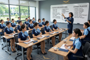 Foto suasana kelas pelatihan pramugari dengan siswa menggunakan seragam