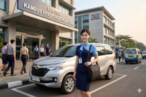 Siswa sekolah pramugari berangkat ke kampus dengan mudah.