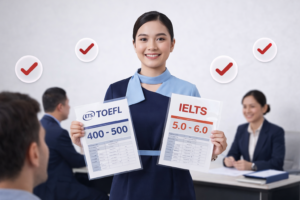 pramugari sedang menunjukkan Pentingnya Skor TOEFL/IELTS untuk Calon Pramugari: Berapa Standarnya?