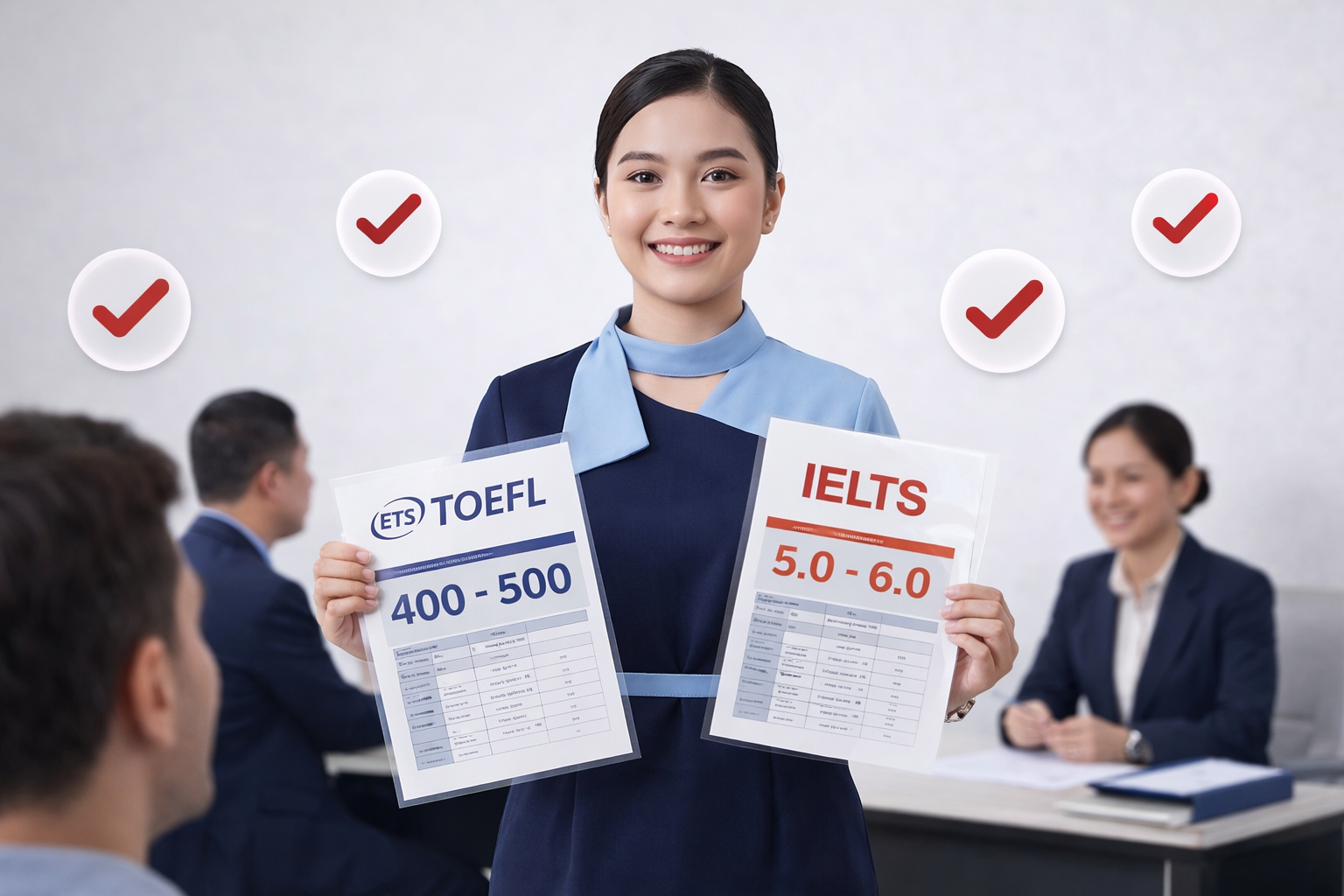 pramugari sedang menunjukkan Pentingnya Skor TOEFL/IELTS untuk Calon Pramugari: Berapa Standarnya?