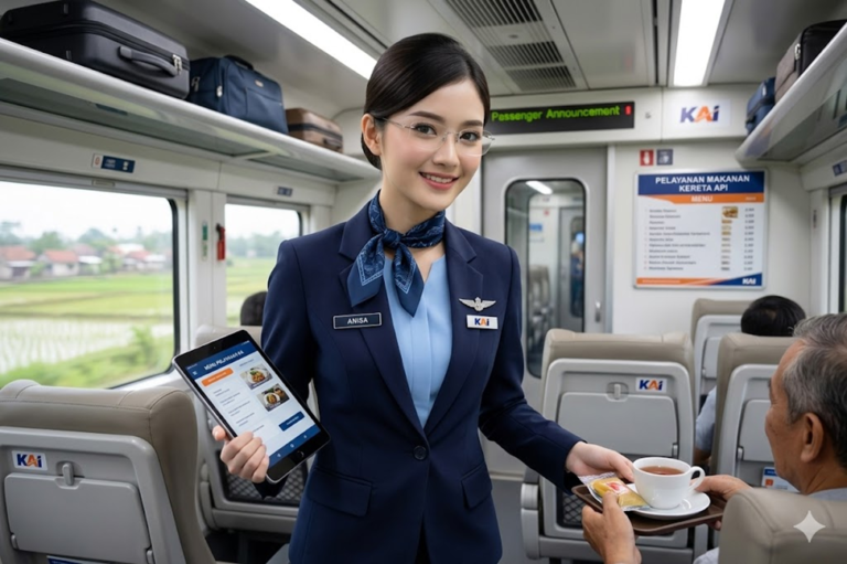 Pramugari kereta api mengenakan kacamata
