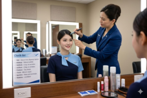 Kandidat pramugari sedang menjalani pelatihan grooming