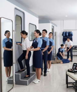 pramugari sedang menunjukkan Berapa Lama Masa Training Pramugari Kereta Api Sebelum Mulai Dinas?