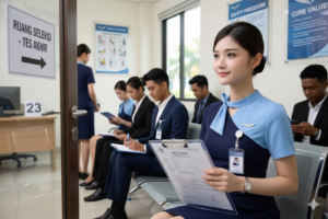 Kandidat sedang menunggu giliran tes akhir di ruang seleksi.