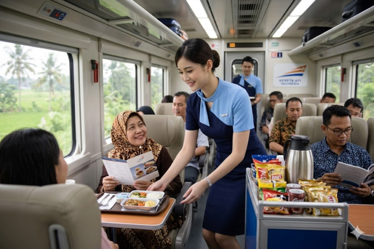 Kru kereta sedang melayani penumpang di dalam kereta.