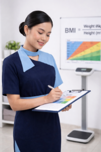pramugari sedang menunjukkan Standar Berat Badan Ideal Pramugari: Cara Hitung BMI yang Lolos Seleksi