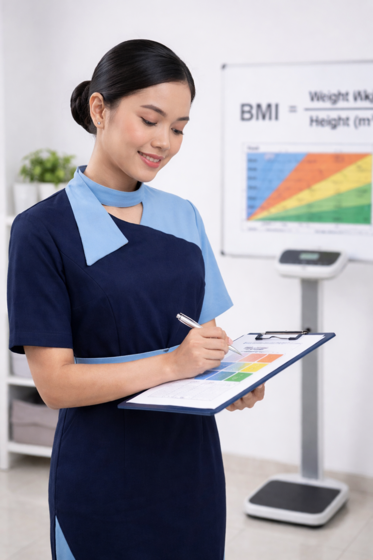 pramugari sedang menunjukkan Standar Berat Badan Ideal Pramugari: Cara Hitung BMI yang Lolos Seleksi