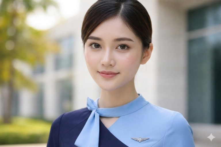 Model pramugari dengan makeup natural dan kulit sehat