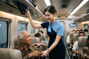 Pramugari sedang membantu penumpang