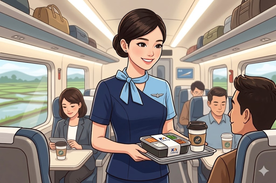 Ilustrasi pramugari kereta api sedang melayani penumpang
