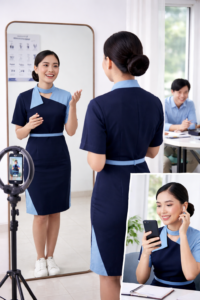 pramugari sedang menunjukkan Cara Cepat Belajar Bahasa Inggris Khusus untuk Tes Interview Pramugari