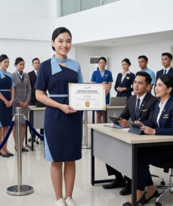 pramugari sedang menunjukkan Apakah Sertifikat Sekolah Pramugari Penting untuk Melamar Kerja? Ya