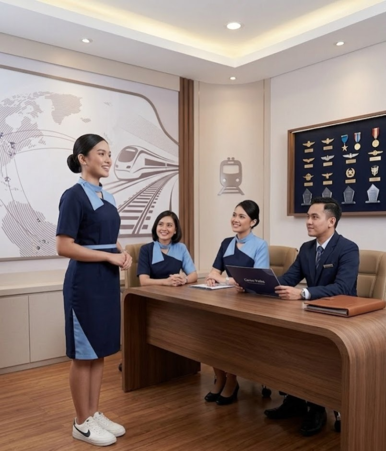 pramugari sedang menunjukkan Aeronef Indonesia Membuka Program Pendidikan Pramugari Kereta Api