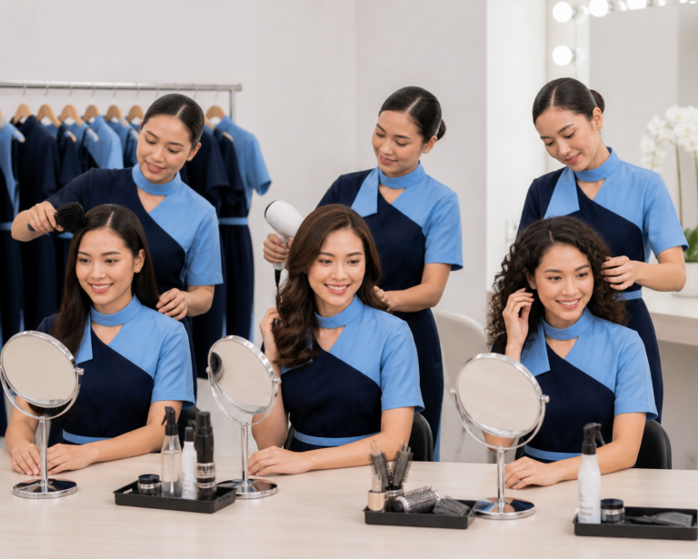 pramugari sedang menunjukkan Syarat Rambut Pramugari: Aturan Warna Rambut, Tekstur, dan Panjang Maksimal