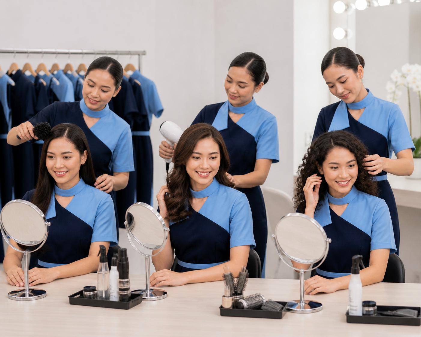pramugari sedang menunjukkan Syarat Rambut Pramugari: Aturan Warna Rambut, Tekstur, dan Panjang Maksimal