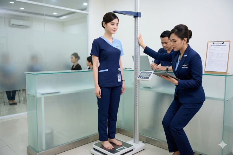Calon pramugari sedang menjalani pengukuran tinggi badan