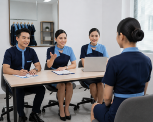 pramugari sedang menunjukkan Program Pramugari di AERONEF INDONESIA Belajar Apa Saja?