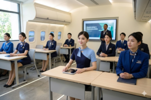 Ruang kelas pramugari modern dengan siswa memakai seragam formal.