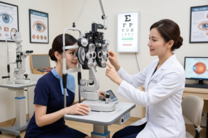 Ilustrasi pemeriksaan mata menggunakan alat optometri di klinik kesehatan.