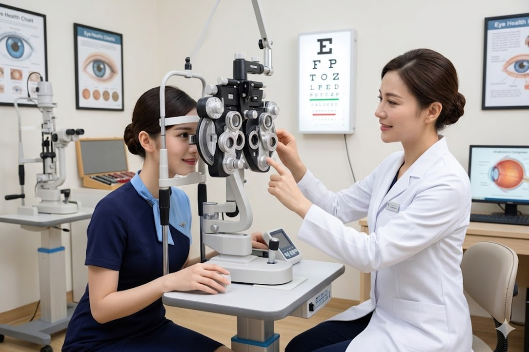 Ilustrasi pemeriksaan mata menggunakan alat optometri di klinik kesehatan.