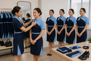 pramugari sedang menunjukkan Berapa Biaya Seragam Sekolah Pramugari? Sudah Include atau Belum?
