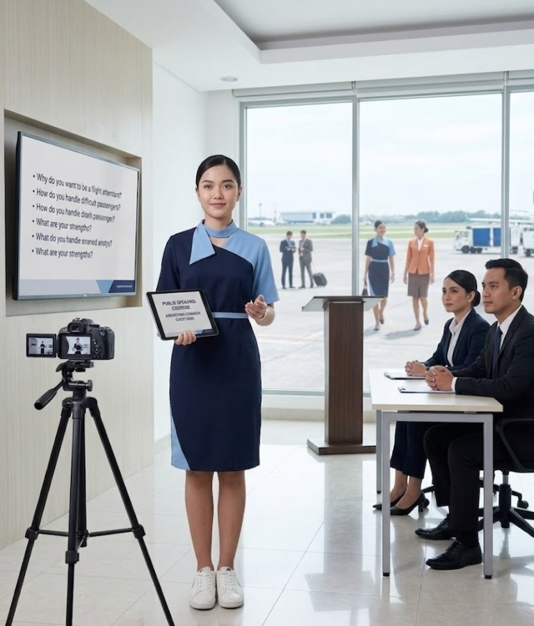cpramugari sedang menunjukkan Cara Agar Percaya Diri Saat Walk Interview Pramugari